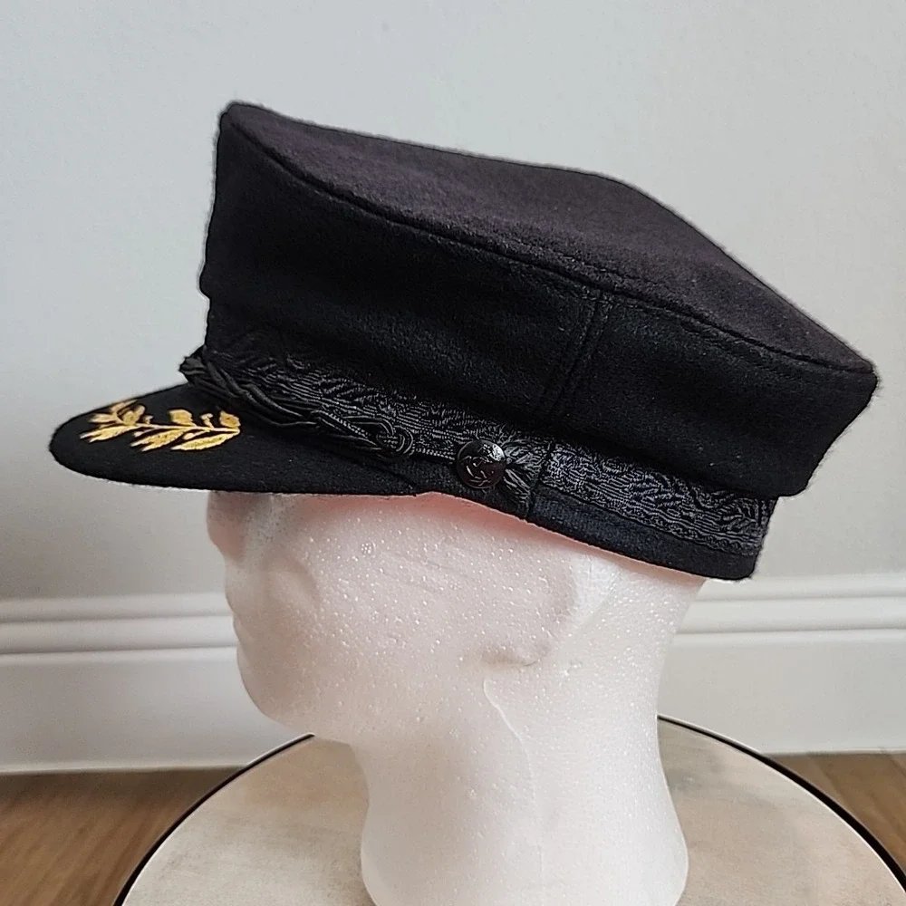 Vintage‎ RARE Aegean Greek Fishermans Captain Cap Black Wool Greece Costume Prop